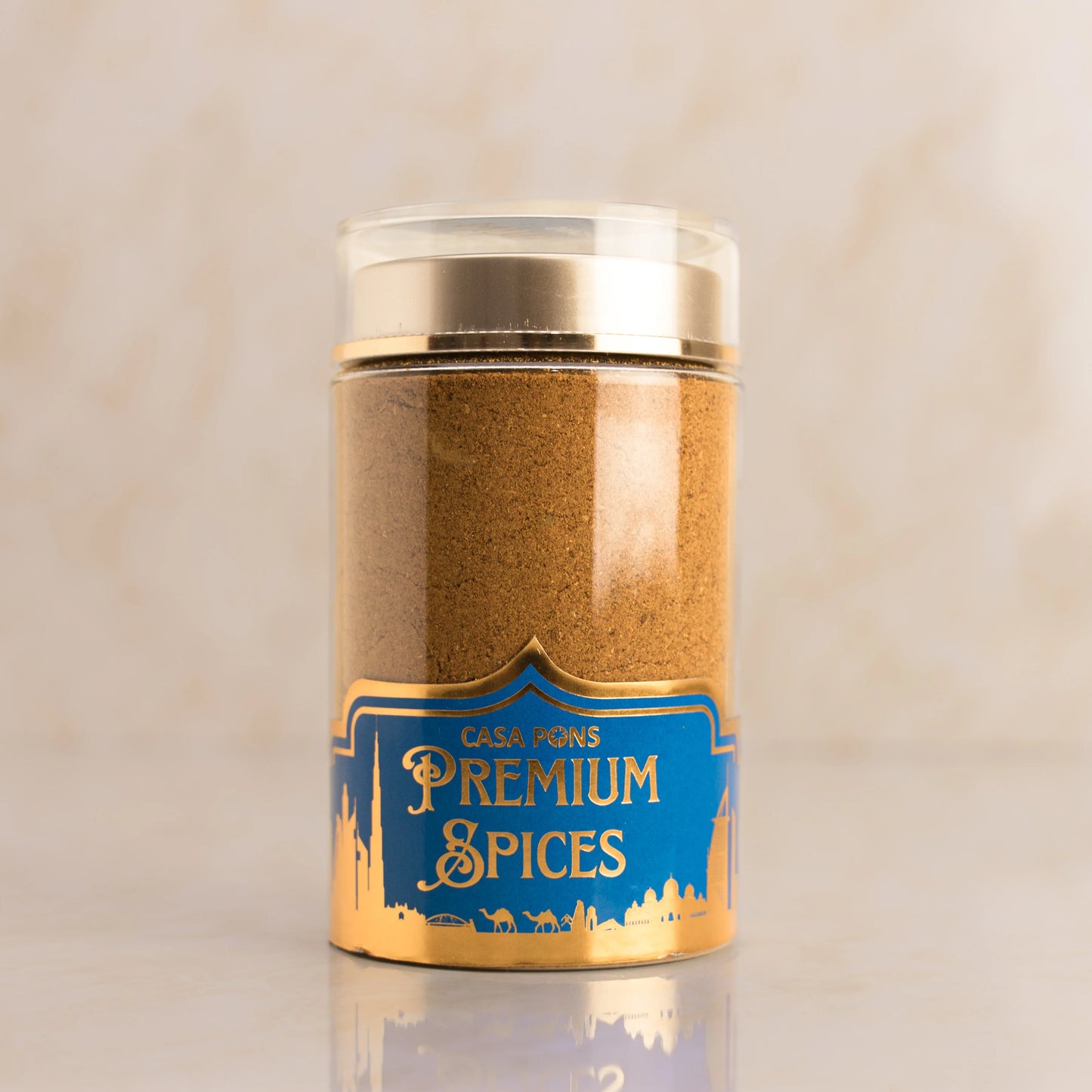 Jar of Casa Pinos Premium Spices on a beige background