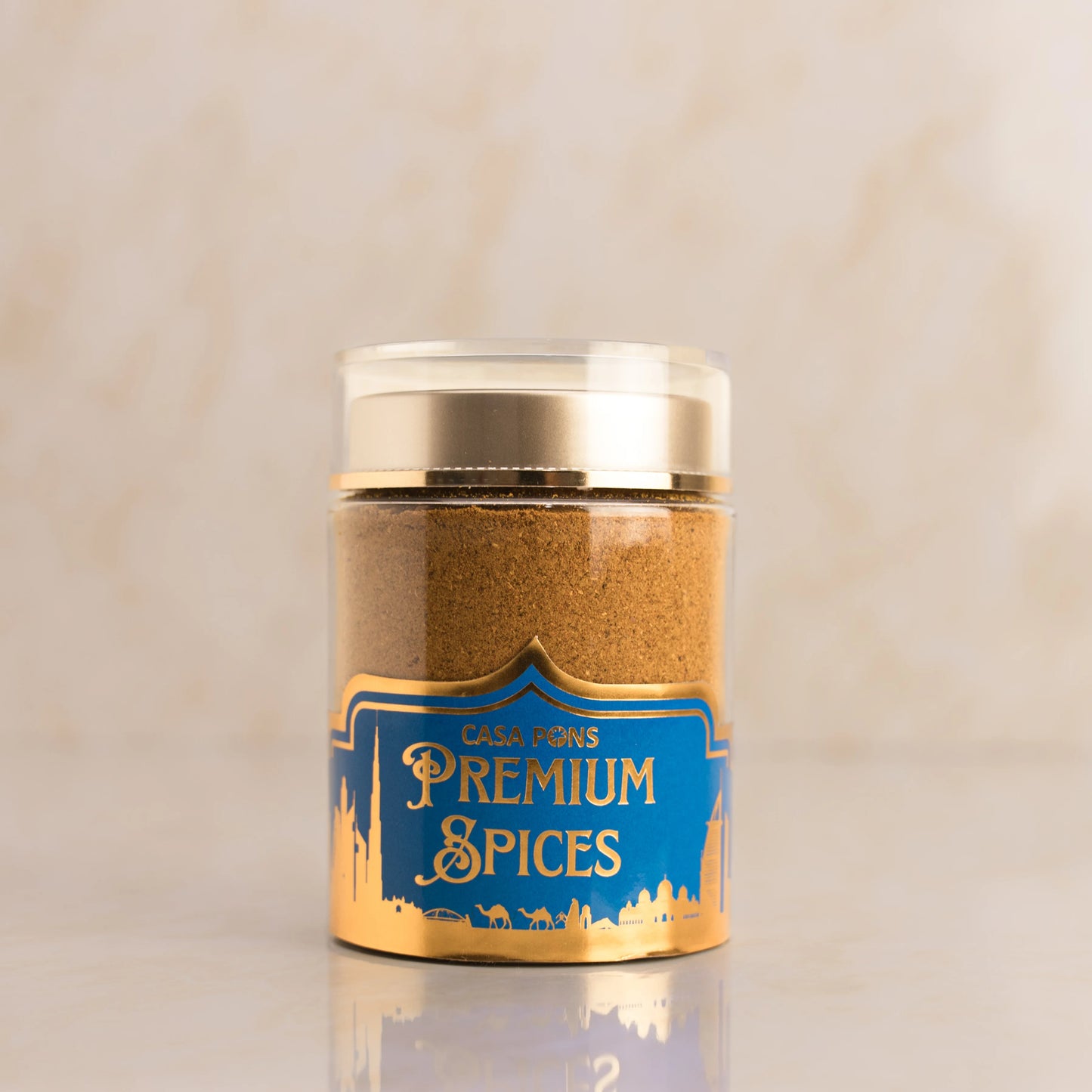 Jar of Casa Pena Premium Spices on a beige background