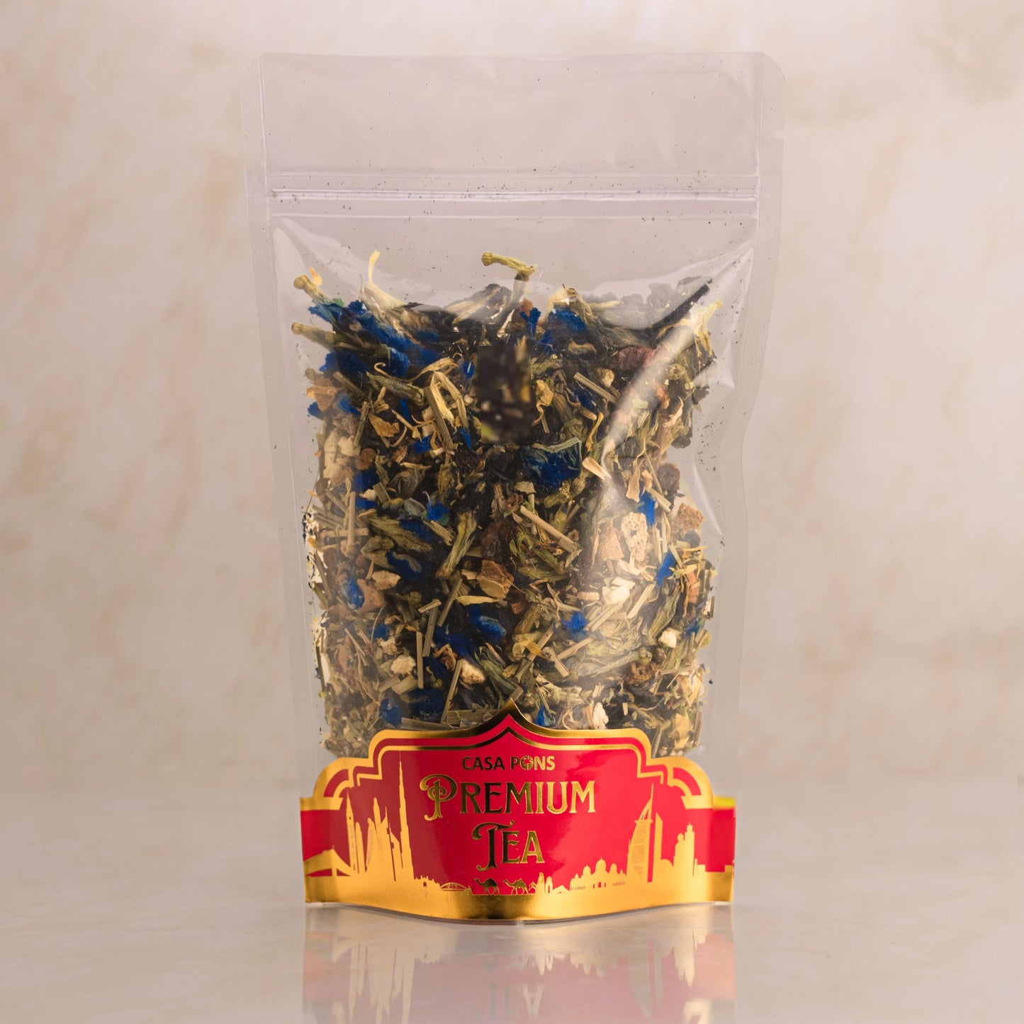 Clear plastic bag with dried herbs on a beige background