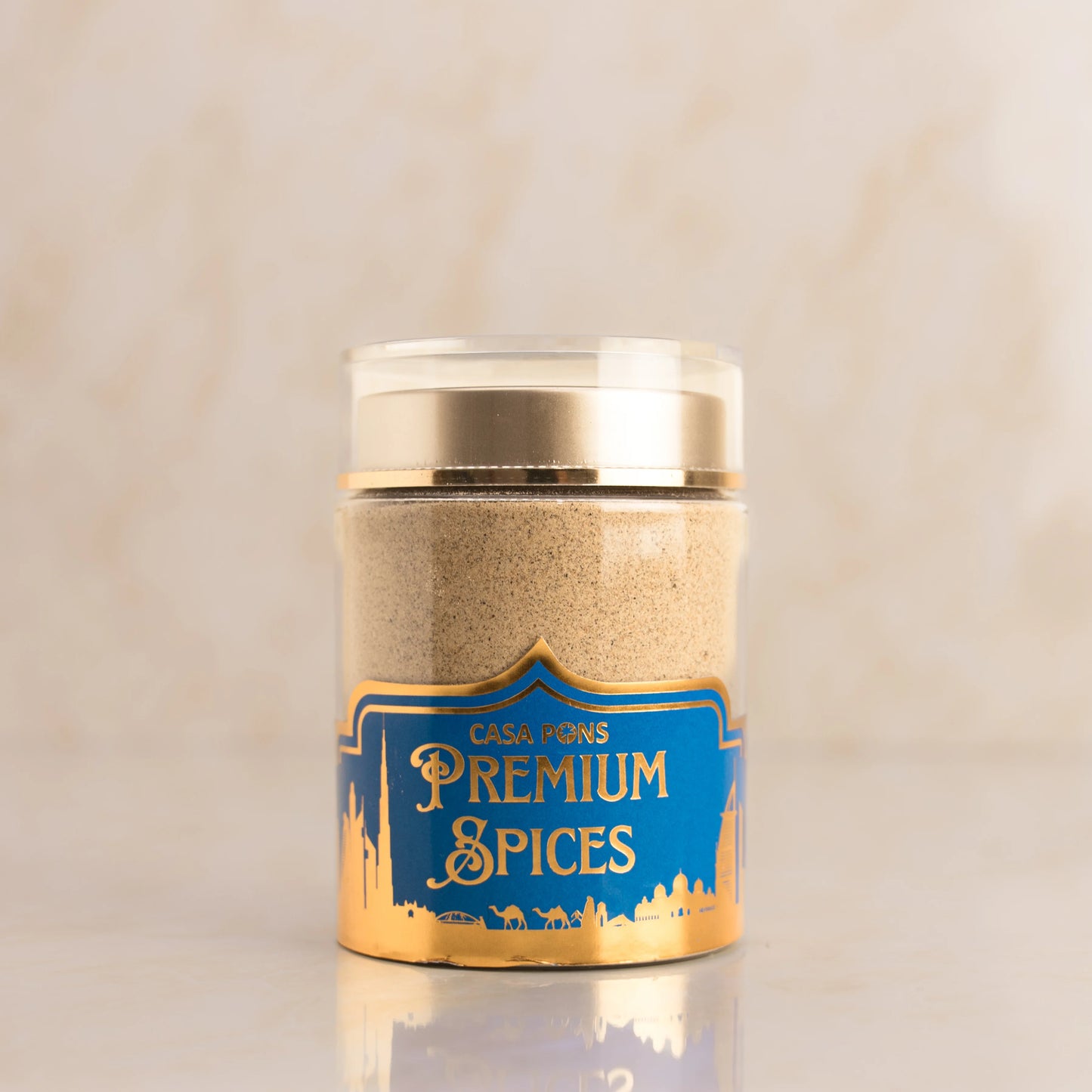Jar of Casa Mona Premium Spices on a beige background