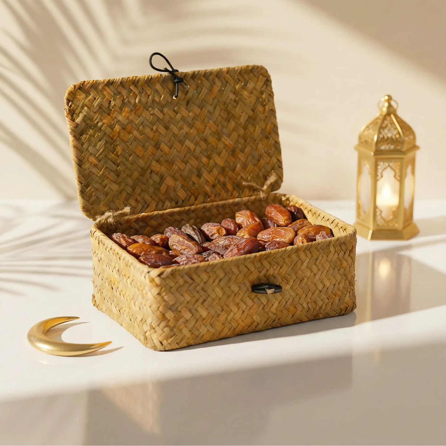 Palm Tree Box dry Majdool dates from Jordan in a handwoven rectangular palm leaf box 1 kg