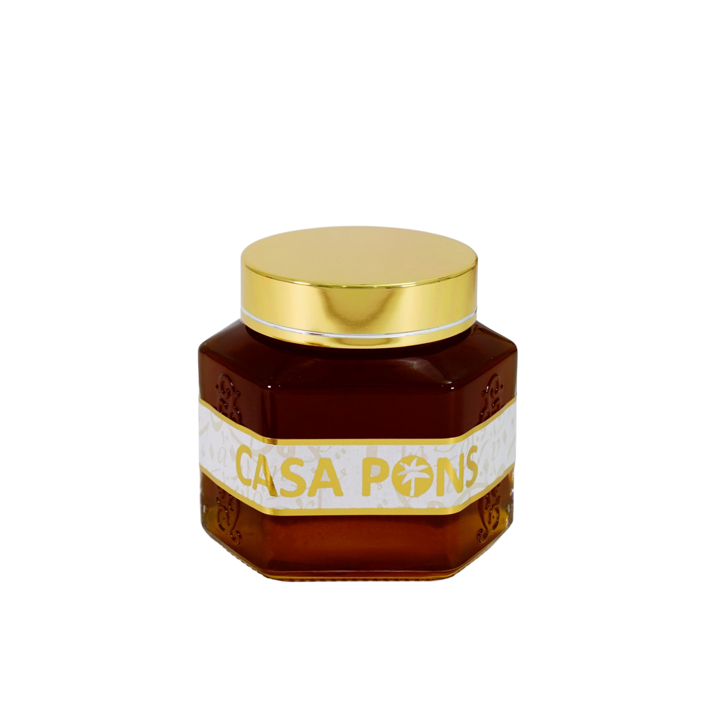 Honey jar with gold lid and 'Casa Pons' label on a white background