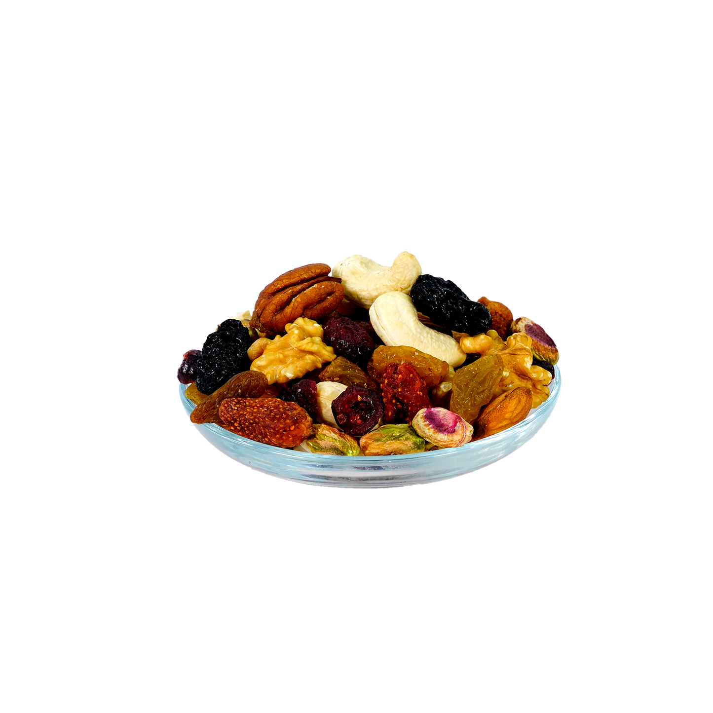 A plate of assorted nuts and raisins.