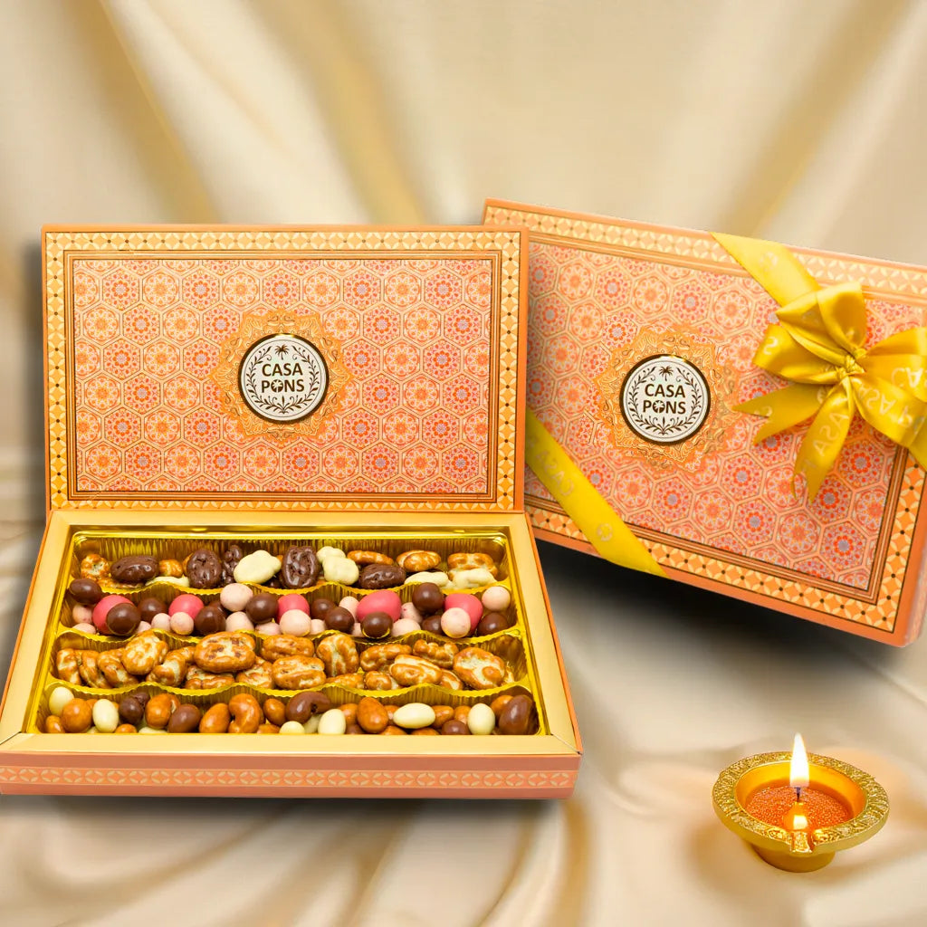 Flat Gold Box (575g) | Diwali Gift Box with Chocolates, Pecans & Dragee