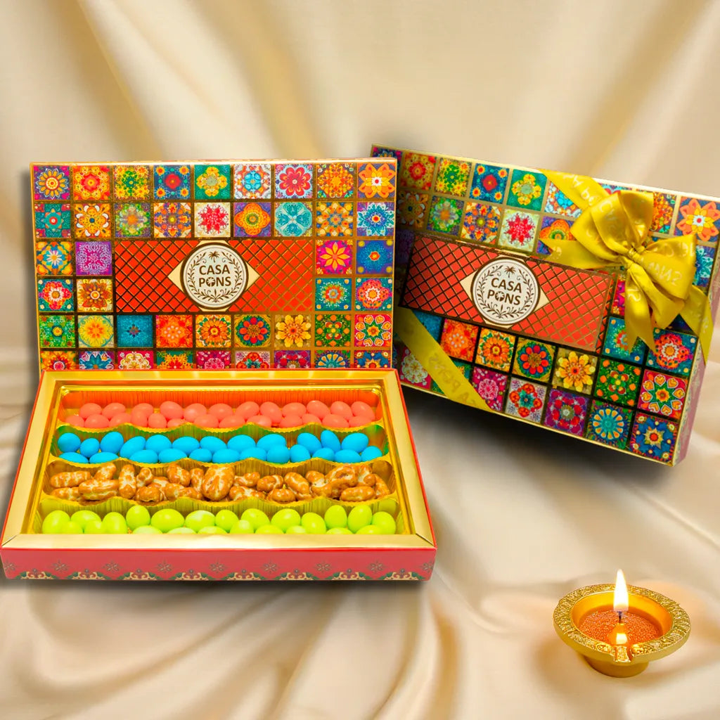 Flat Pattern Box (585g) | Diwali Gift Box with Pecan Caramel & Almonds