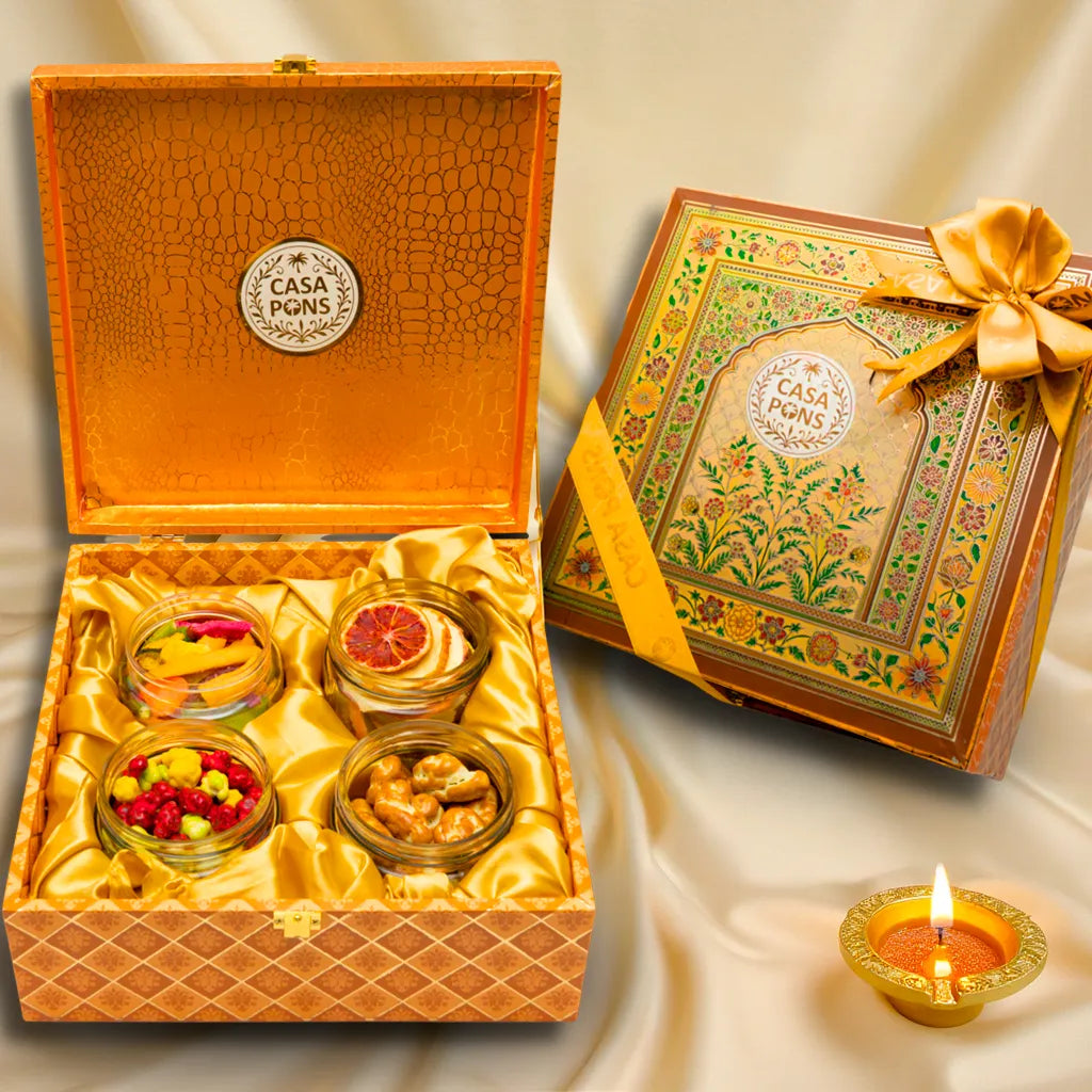 Flower Mural Square Medium Box | Diwali Gift with Pecans, Dragee & Healthy Mixes