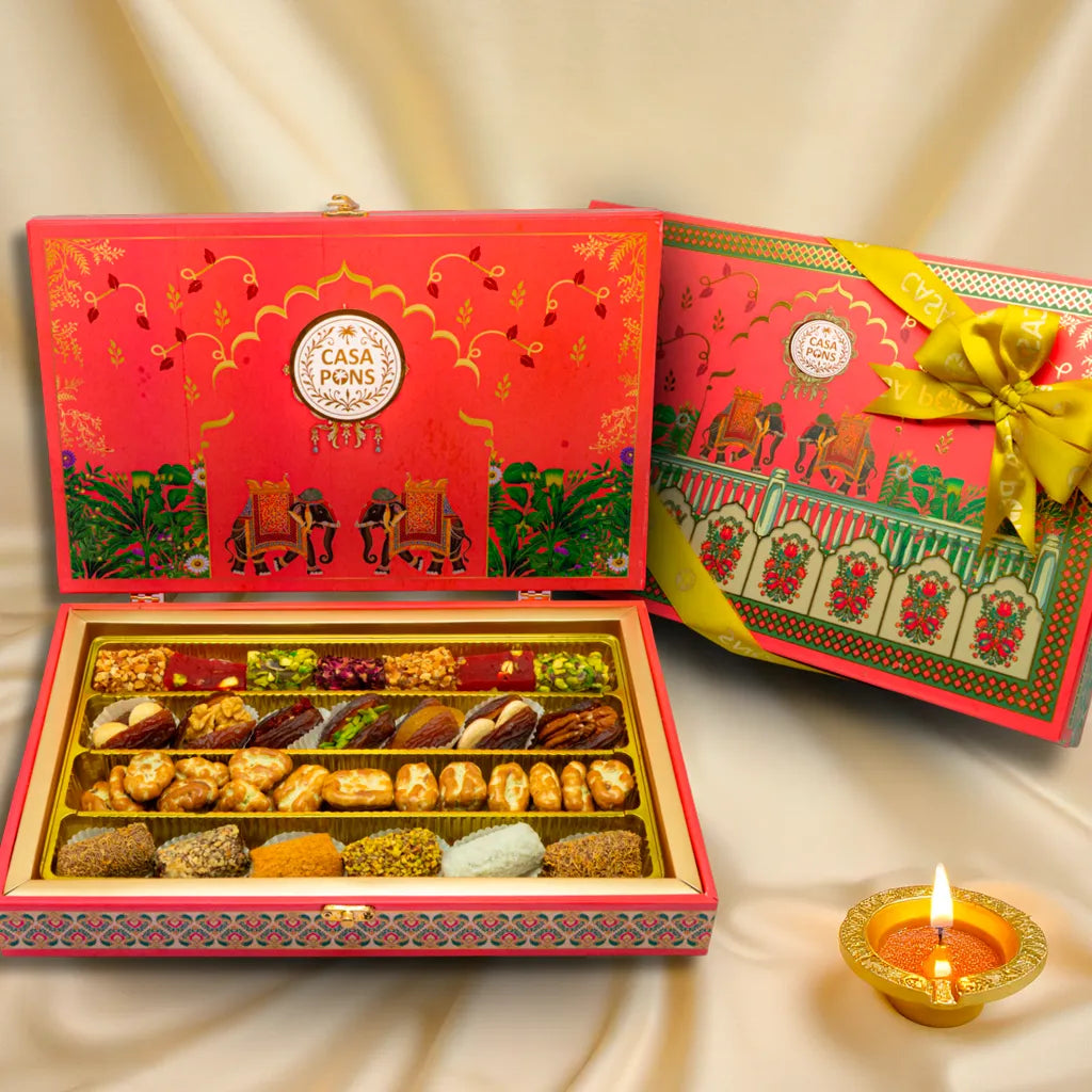 Fushia Elephant Medium Rectangle Box (625g) | Diwali Gift Box with Chocolates, Dates & Nuts