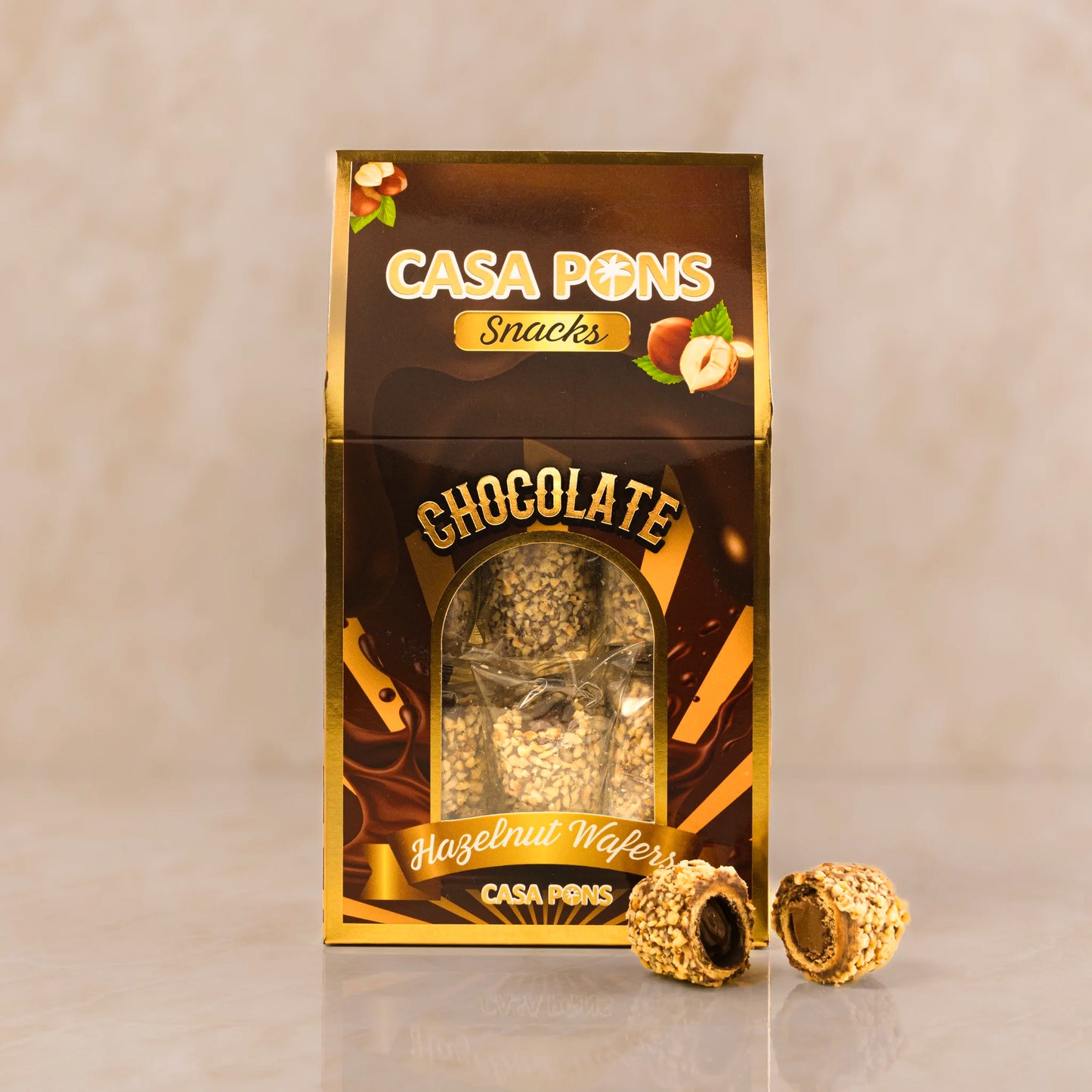 Casa Pons chocolate hazelnut wafer packaging on a beige background