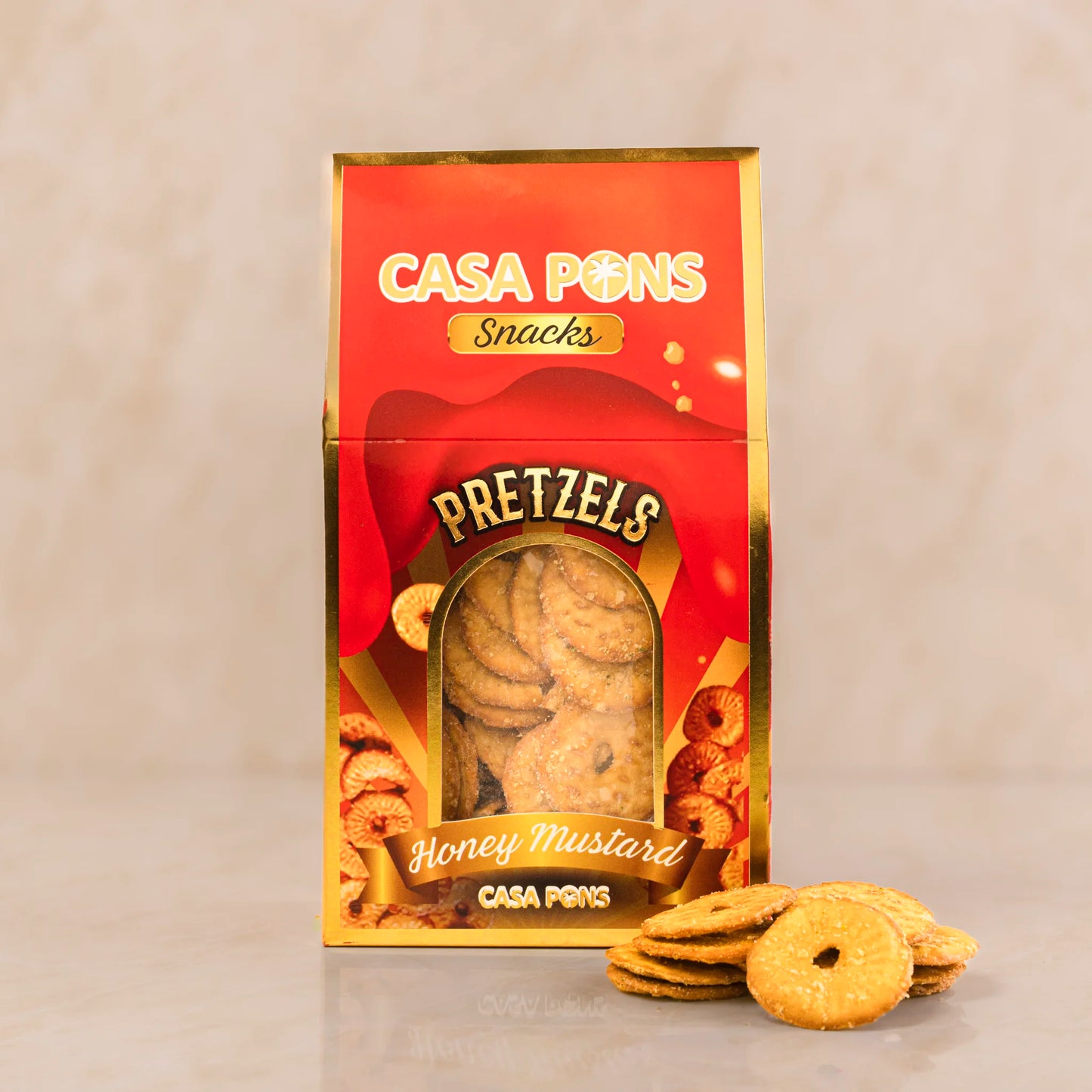 Casa Snacks Honey Mustard Pretzels 120 g box in golden tones showing baked pretzels coated in honey mustard seasoning.