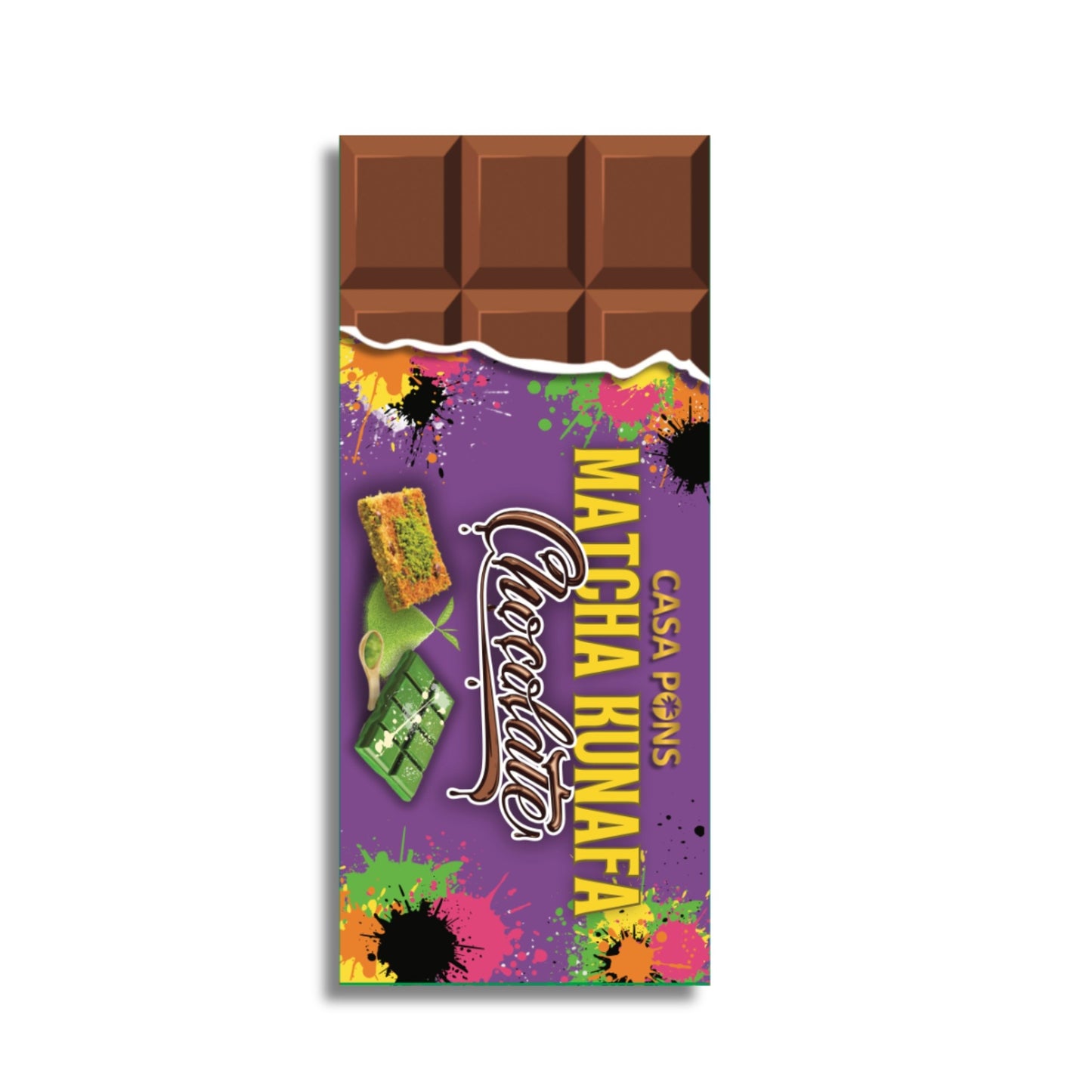 Chocolate bar packaging with colorful design and text on a white background