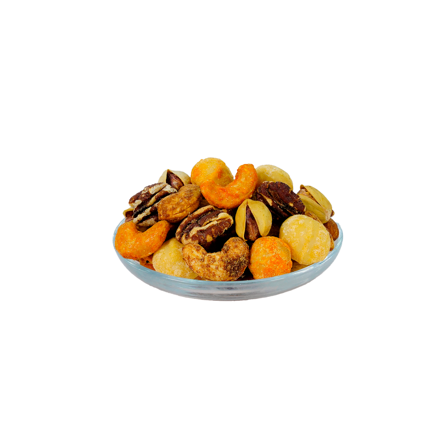 A bowl of mixed nuts and dried fruits against a white background.