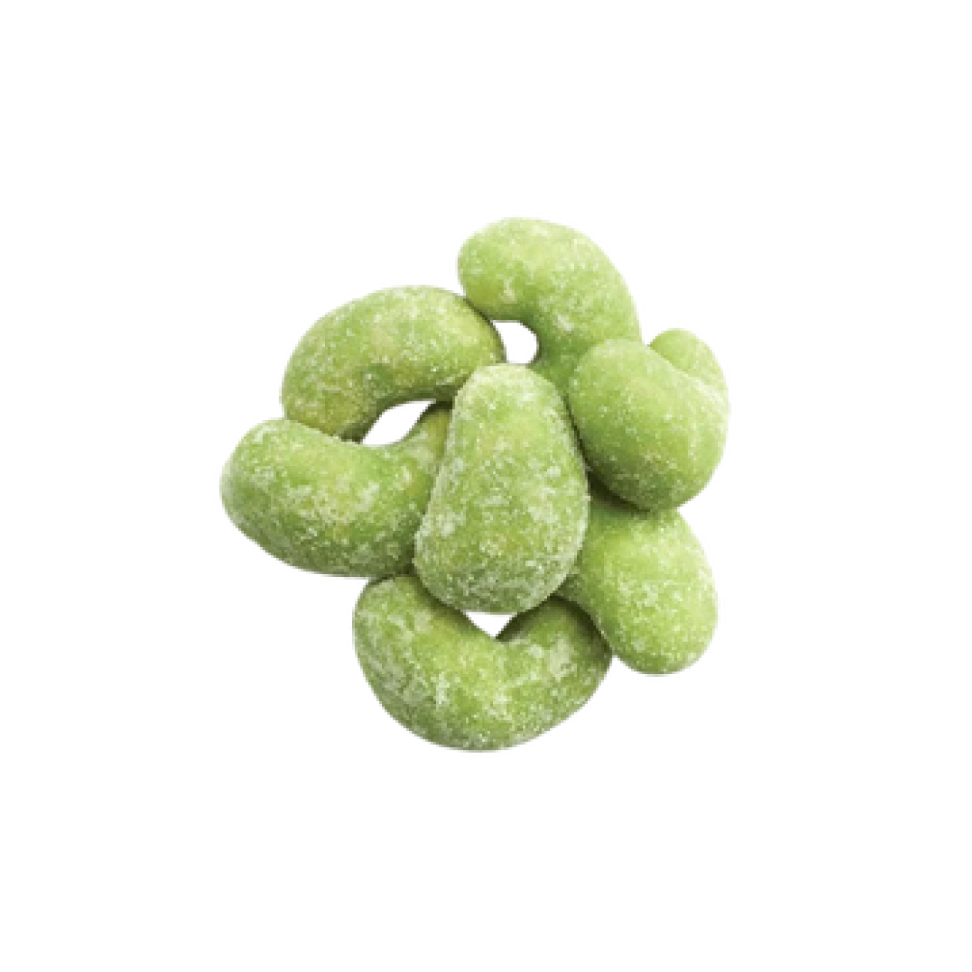 A cluster of green wasabi coated cashew nuts.