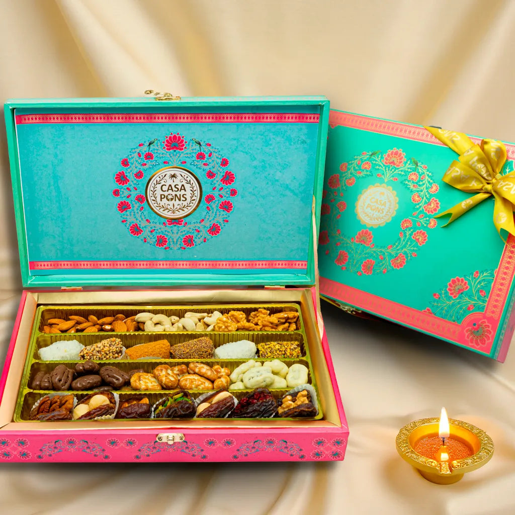 Pink Turquoise Mandela Box (600g) | Diwali Gift Box with Chocolates, Dates & Sweets