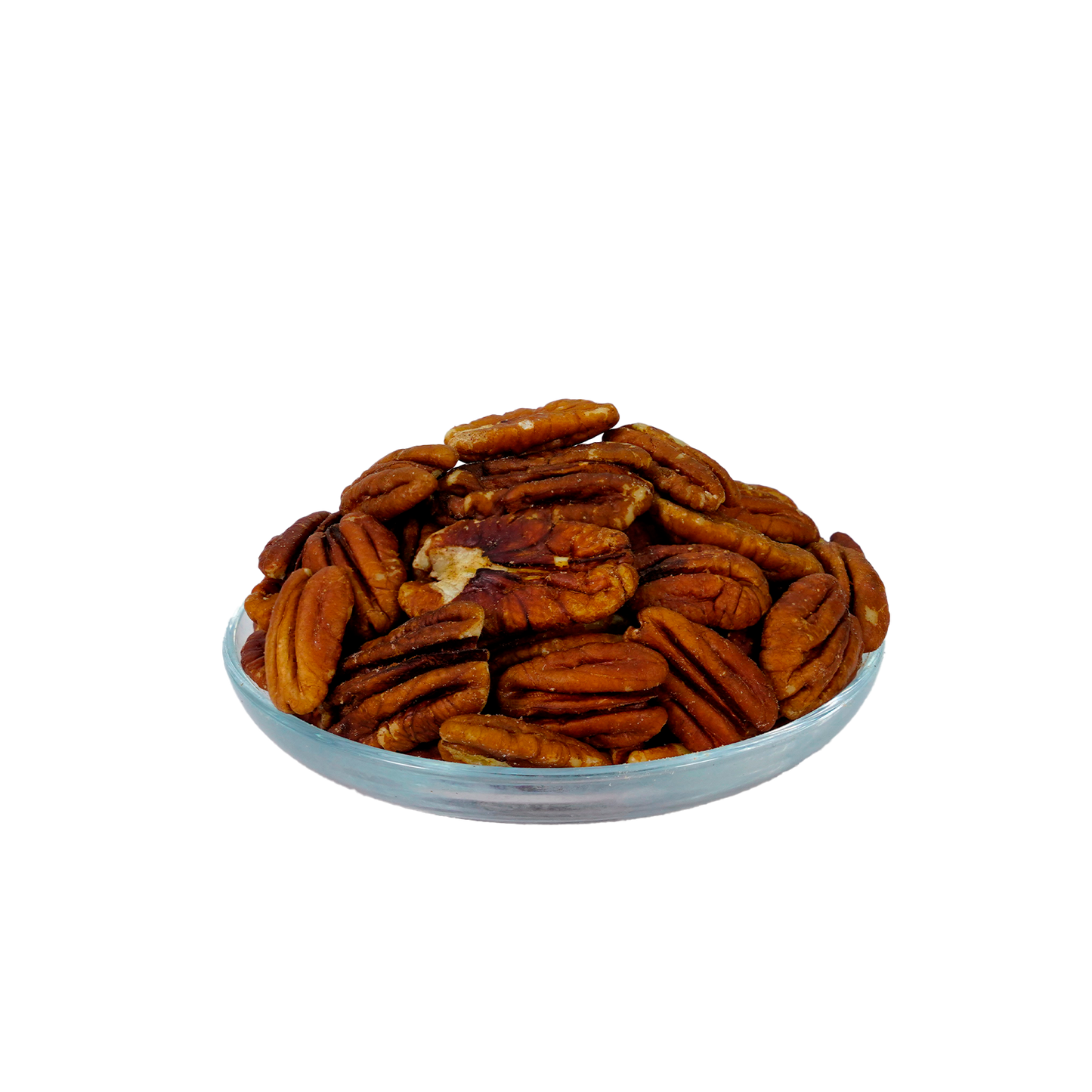 A clear glass bowl filled with premium pecans against a black background.