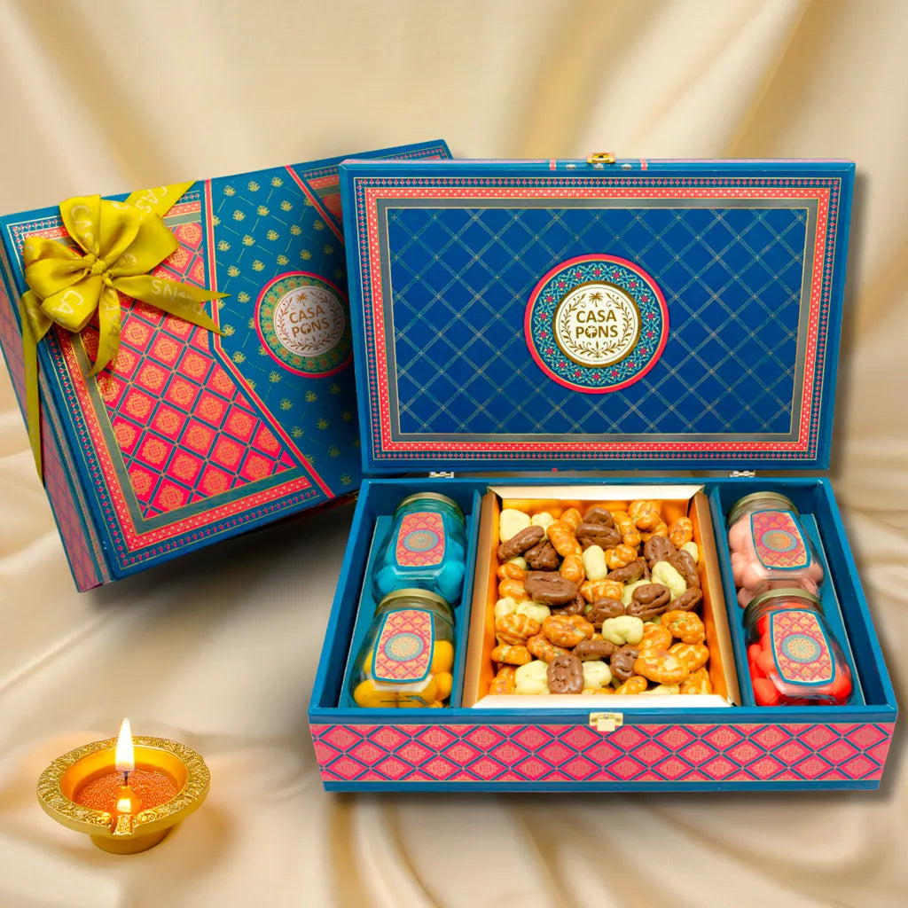 Royal Blue Pink Print Medium Box | Luxury Pecan Caramel & Dragee Gift