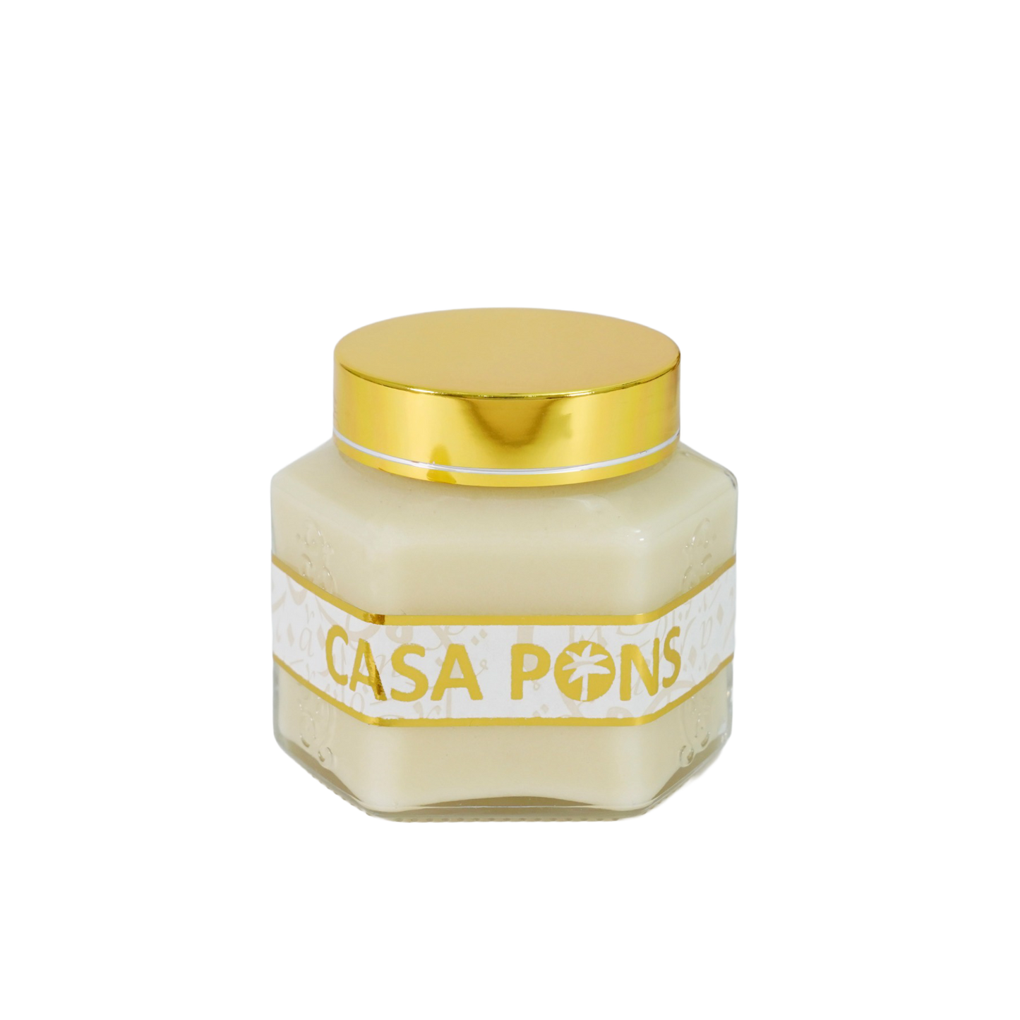Jar of white honey with a gold lid on a white background, featuring the brand 'Casa Pons'.