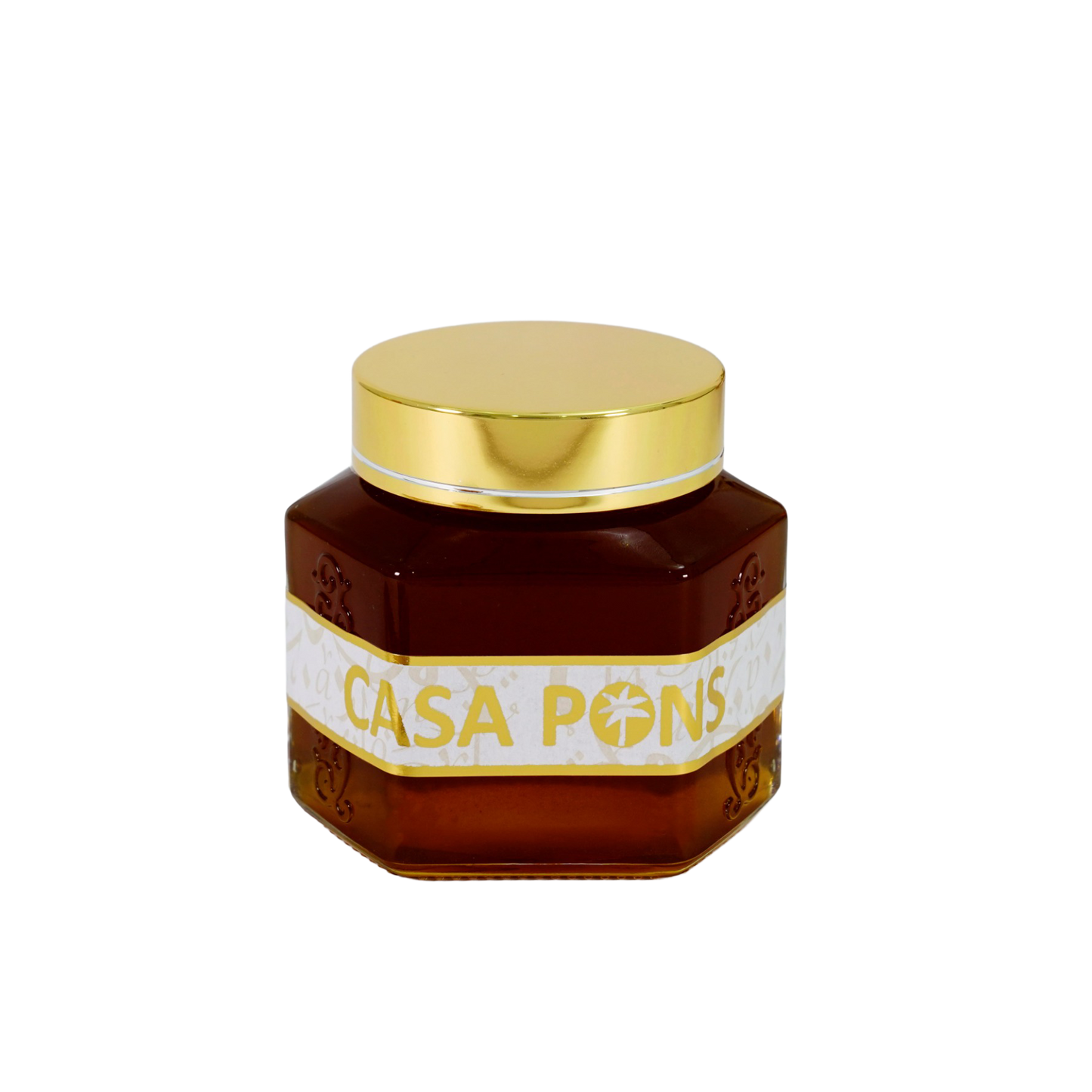 Jar of Casa Pons honey with a gold lid on a white background