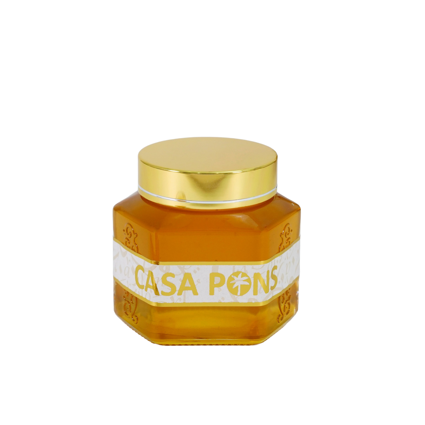 Jar of Casa Pons honey with a gold lid on a white background