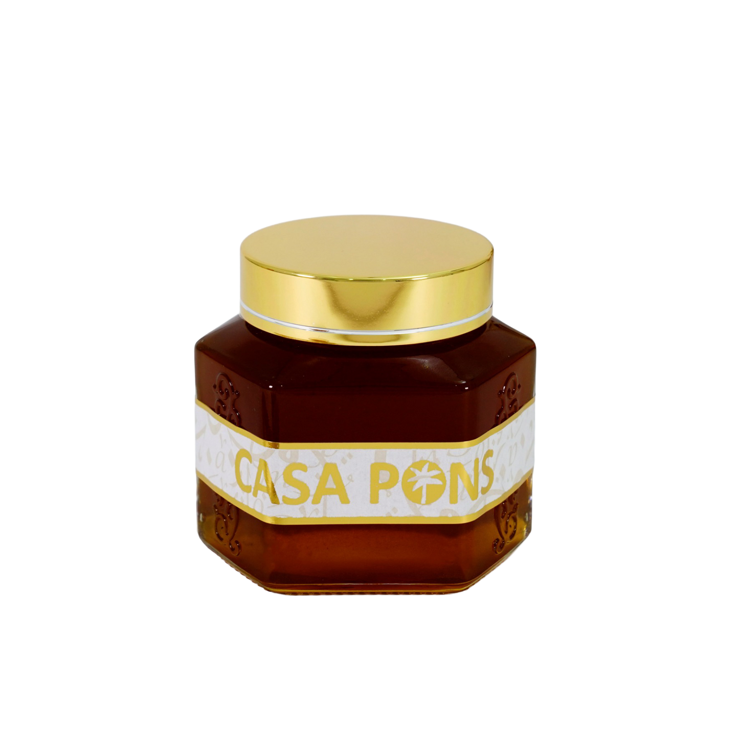 Jar of Casa Pons honey with a gold lid on a white background
