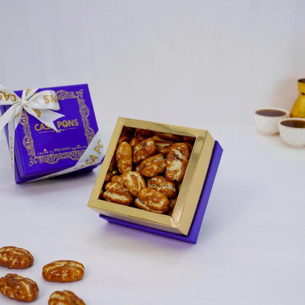 Small Pecan Caramel Gift Box Blue – Casa Pons caramel-coated pecans in elegant packaging