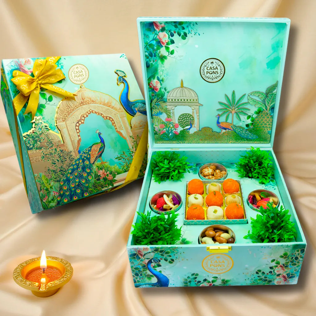 VIP Peacock Extra Large Box | Indian Sweets, Pecan Caramel, Dehydrated Vegetables & Freeze-Dried Fruits