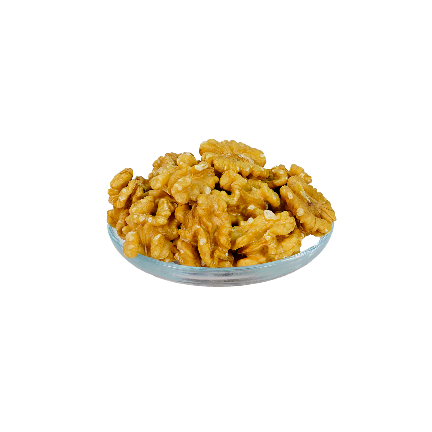 A bowl of walnut pieces on a dark background.