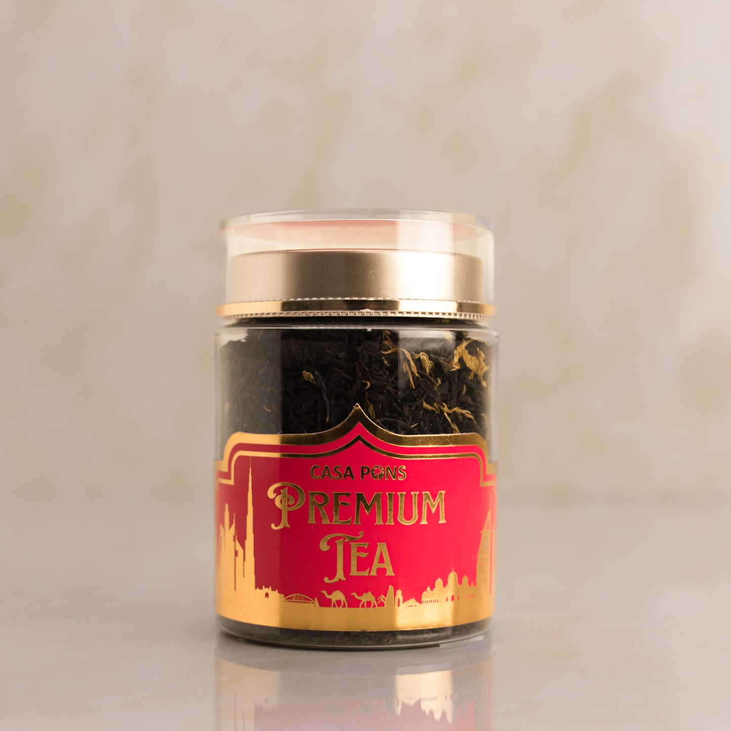 Jar of Casa Paris Premium Tea on a beige background