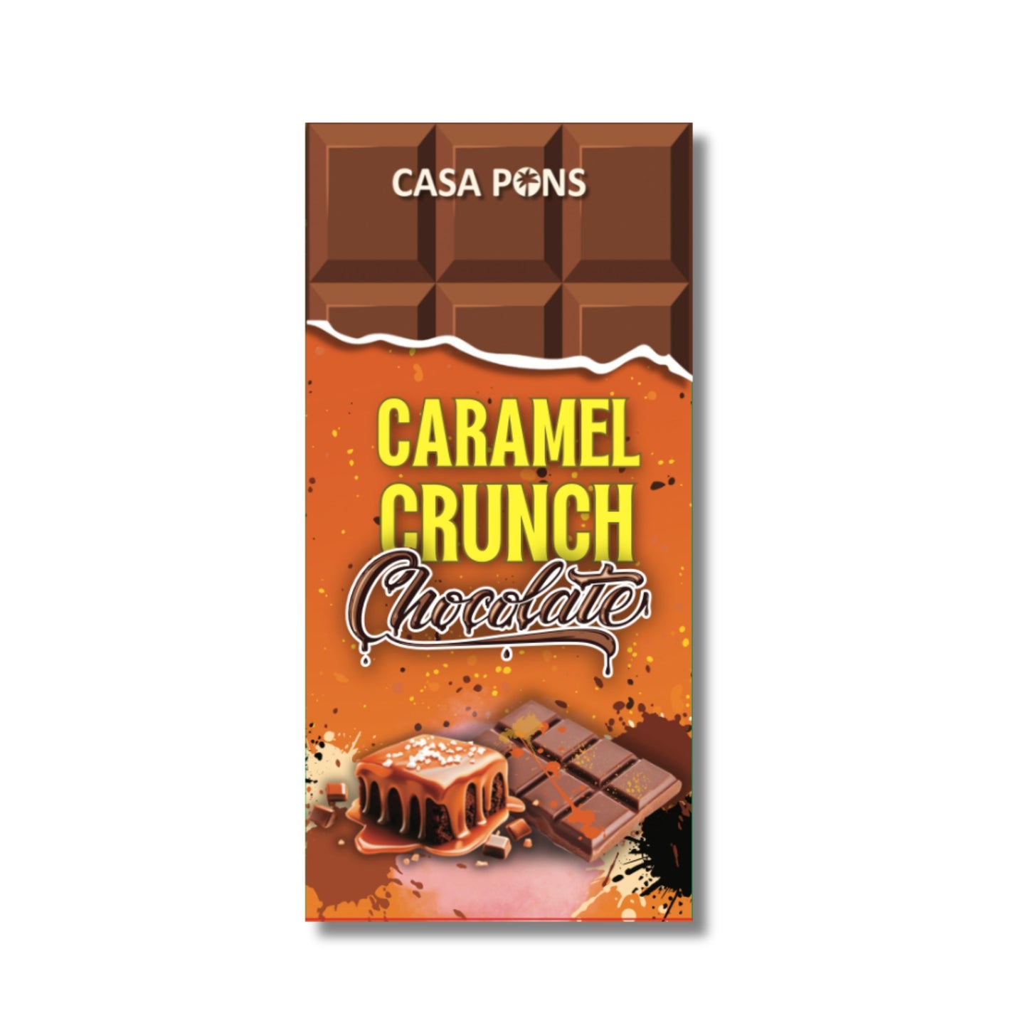 Casa Pons caramel crunch chocolate bar packaging on a white background