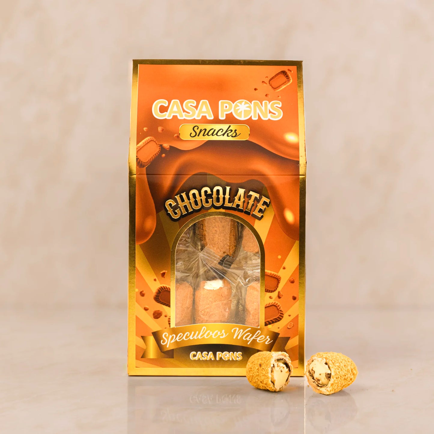 Casa Pons Chocolate Speculoos Wafer packaging on a beige background