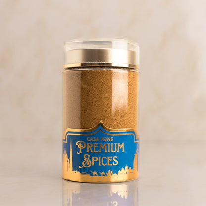 Jar of Casa Pinos Premium Spices on a beige background