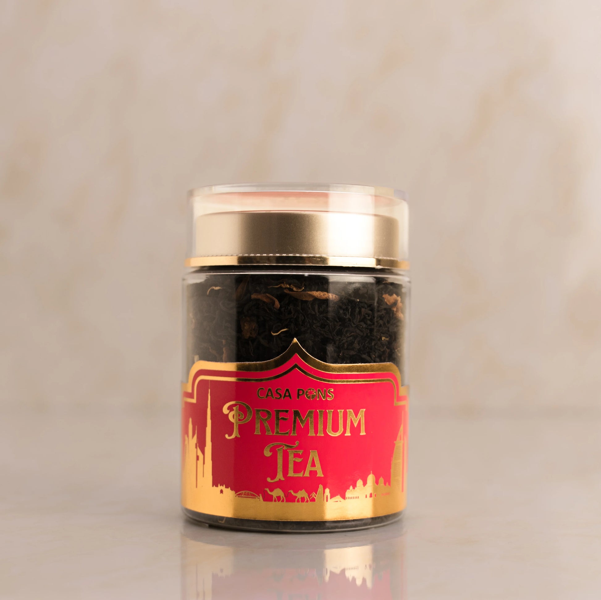 Jar of Casa Pure Premium Tea on a beige background