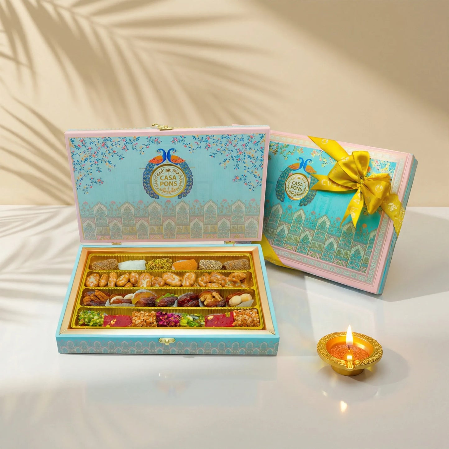 Baby Pink Peacock Medium Box (625g) | Diwali Gift Box with Chocolates, Dates & Oriental Sweets
