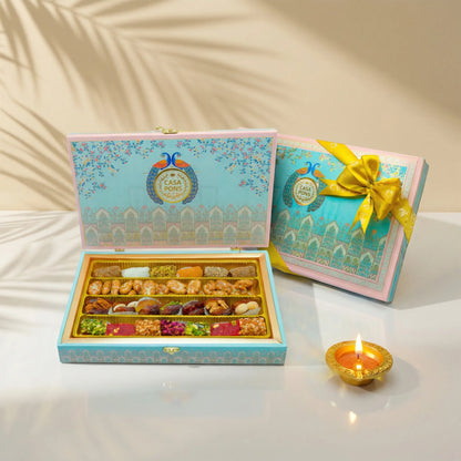 Baby Pink Peacock Medium Box (625g) | Diwali Gift Box with Chocolates, Dates & Oriental Sweets