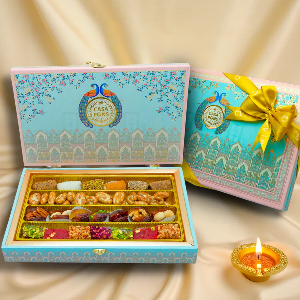 Baby Pink Peacock Medium Box (625g) | Diwali Gift Box with Chocolates, Dates & Oriental Sweets