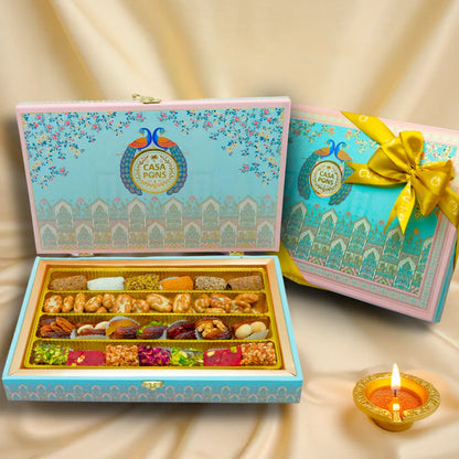 Baby Pink Peacock Medium Box (625g) | Diwali Gift Box with Chocolates, Dates & Oriental Sweets