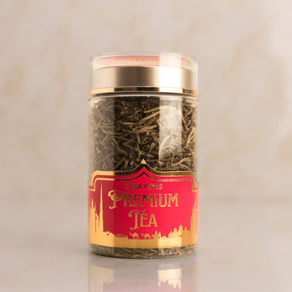 Jar of Casa Pons Premium Tea with a red label on a beige background
