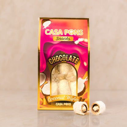 Casa Pons chocolate coconut wafers packaging on a beige background