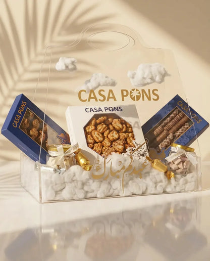 Cloudy acrylic Eid basket with pecan sweets London sticks hazelnut lotus jar white chocolate pistachio jar Dubai