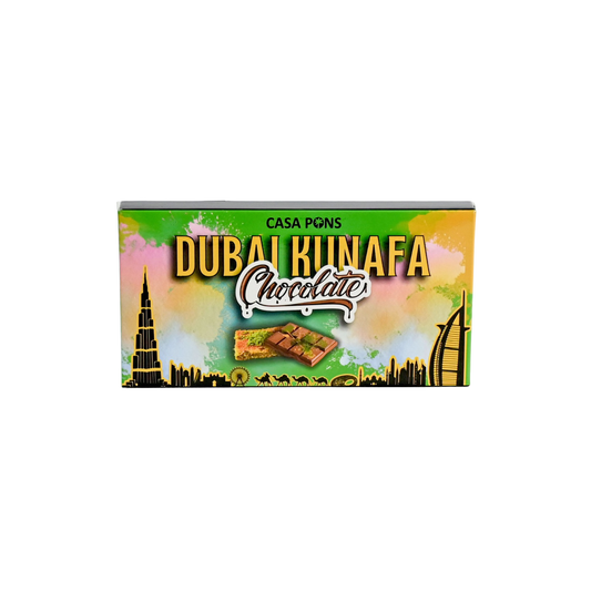 Box of Dubai Kunafa Chocolate with colorful design and Dubai skyline on a white background