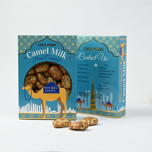 Casa Pign's Camel Milk Pecan Caramel packaging with camel illustration on a white background