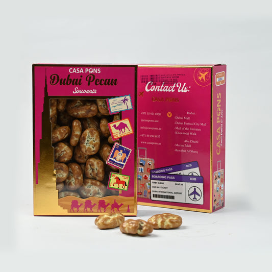 Casa Pons Dubai Pecan souvenir box with pecans on a white background