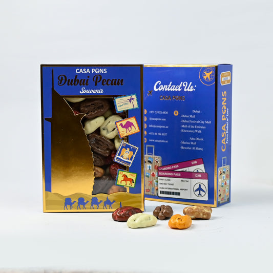 Casa Pecans Dubai Pecans souvenir box with pecans on a white background