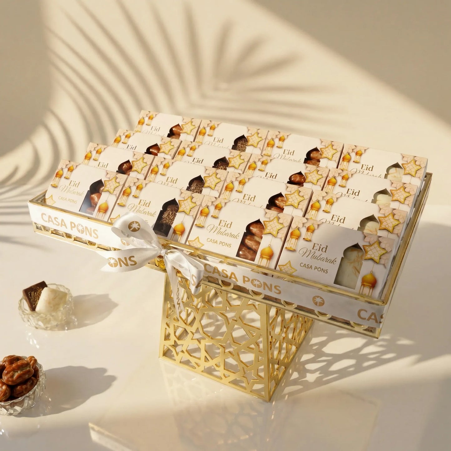 Eid tawziyat stand tray with pecan caramel and kunafa pistachio chocolate giveaway boxes Dubai