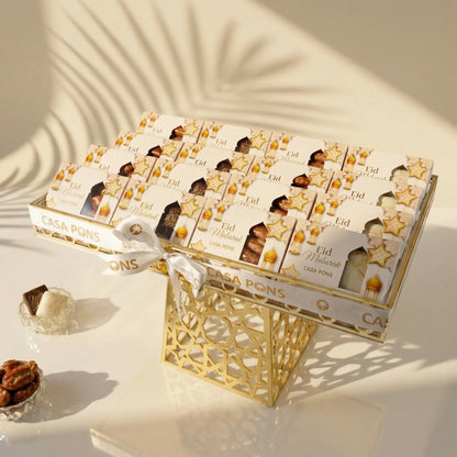 Eid tawziyat stand tray with pecan caramel and kunafa pistachio chocolate giveaway boxes Dubai
