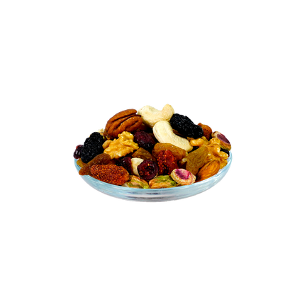 A plate of assorted nuts and raisins.
