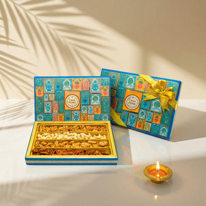 Flat Blue Box (450g) | Diwali Gift Box with Nuts & Pecan Caramel