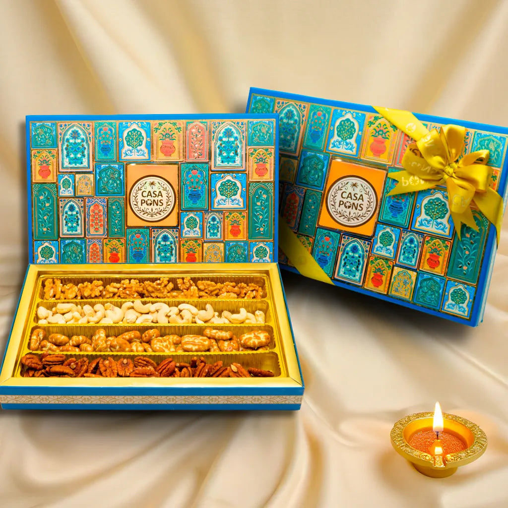 Flat Blue Box (450g) | Diwali Gift Box with Nuts & Pecan Caramel