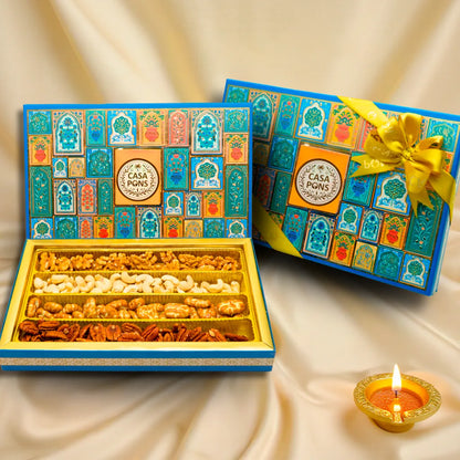 Flat Blue Box (450g) | Diwali Gift Box with Nuts & Pecan Caramel