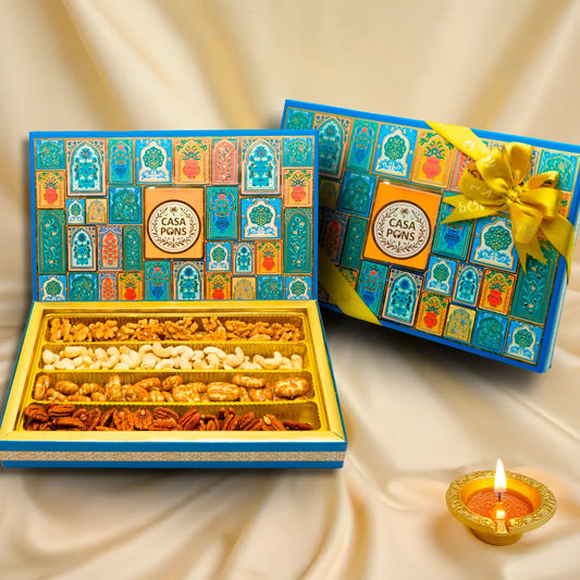 Flat Blue Box (450g) | Diwali Gift Box with Nuts & Pecan Caramel