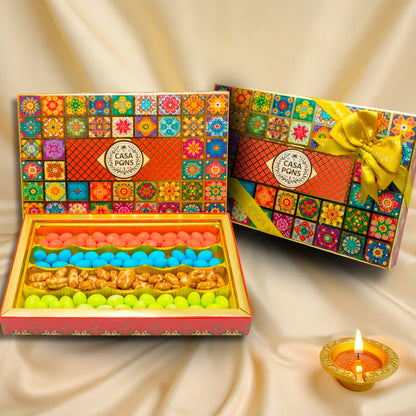 Flat Pattern Box (585g) | Diwali Gift Box with Pecan Caramel & Almonds